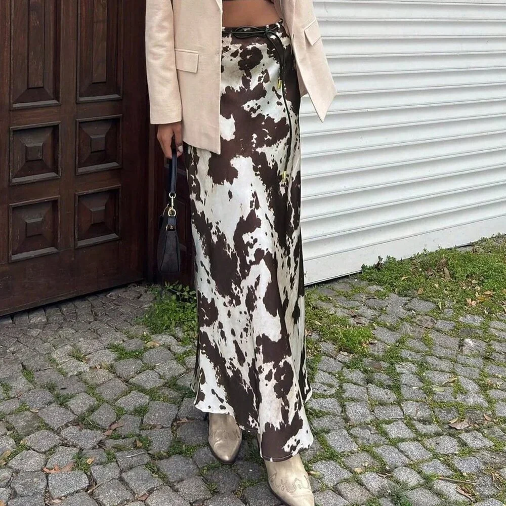 Multicolor Casual Women's Elegant Long Midi Satin Skirts with Animal Print